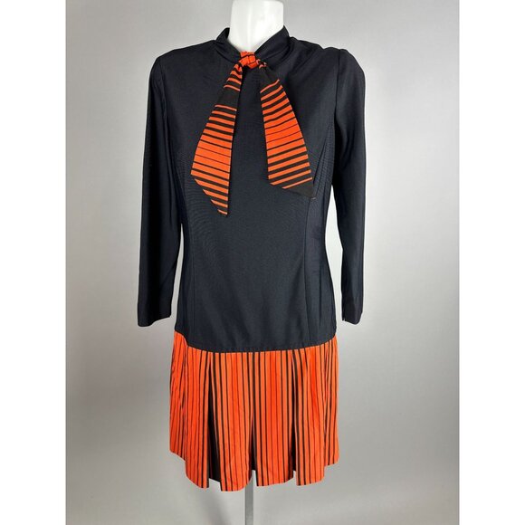 Vtg 60s Hazel Greer Black Orange Drop Waist Neck Tie Halloween Dress Size M/L - Picture 5 of 6